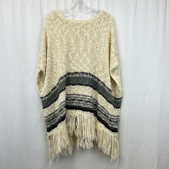 Sinuous Womens Pullover Sweater Beige Gray Striped Short Sleeve Fringe Hem M - Picture 1 of 11